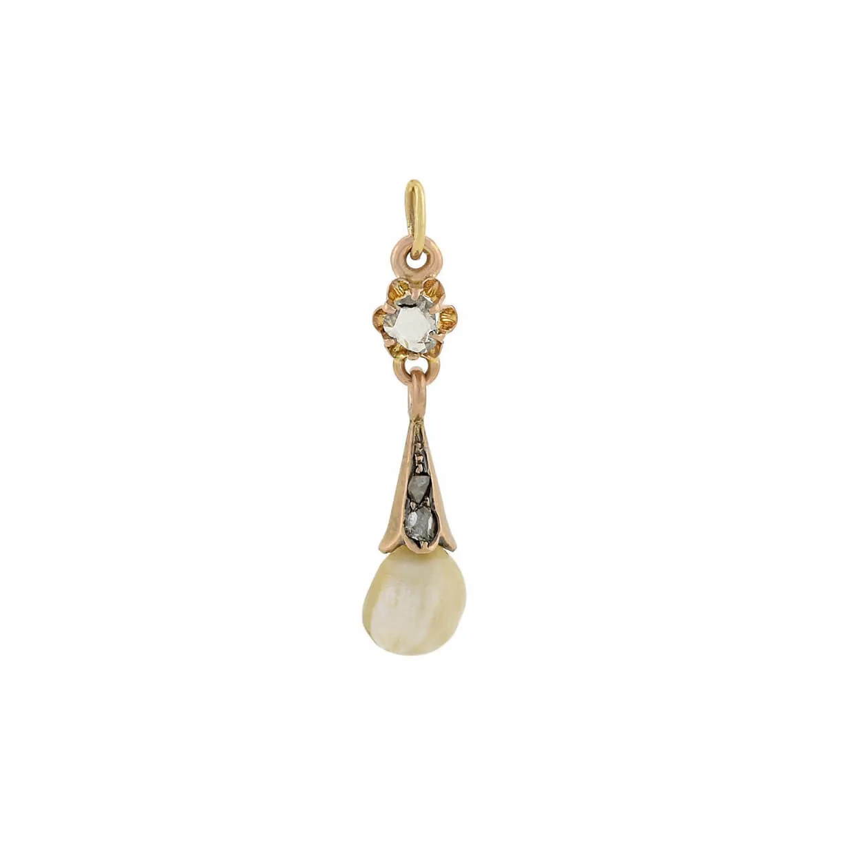 Victorian 14kt Rose Cut Diamond   Natural Pearl Pendant