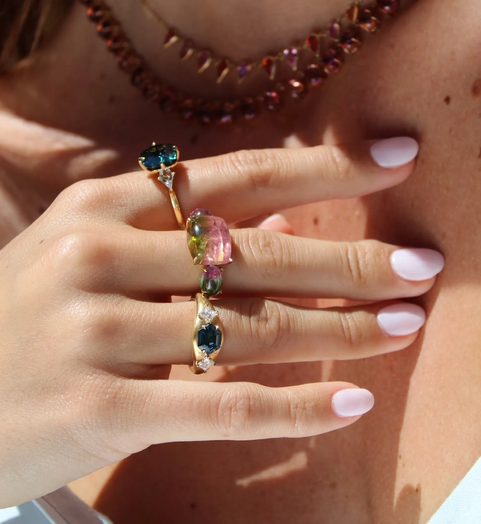 Watermelon Tourmaline Three Stone Ring