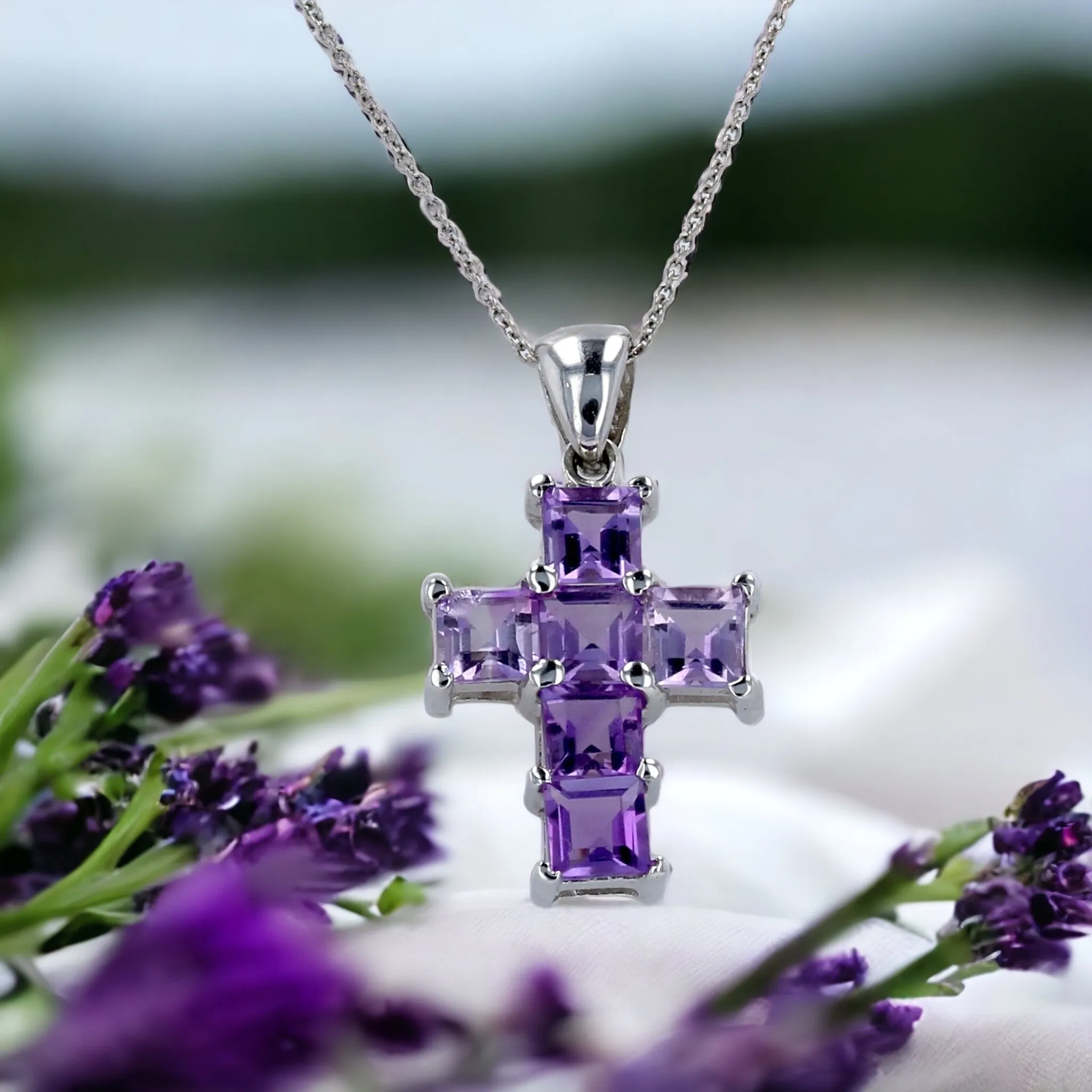 White 14k gold amethyst princess cut fancy solid cross