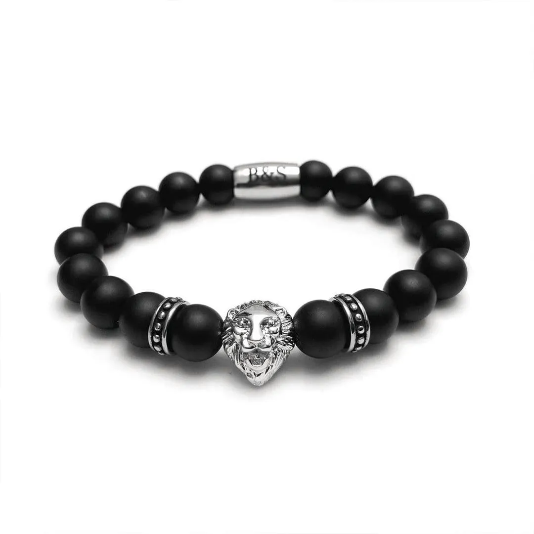 White Gold Lion & Black Stones Bracelet