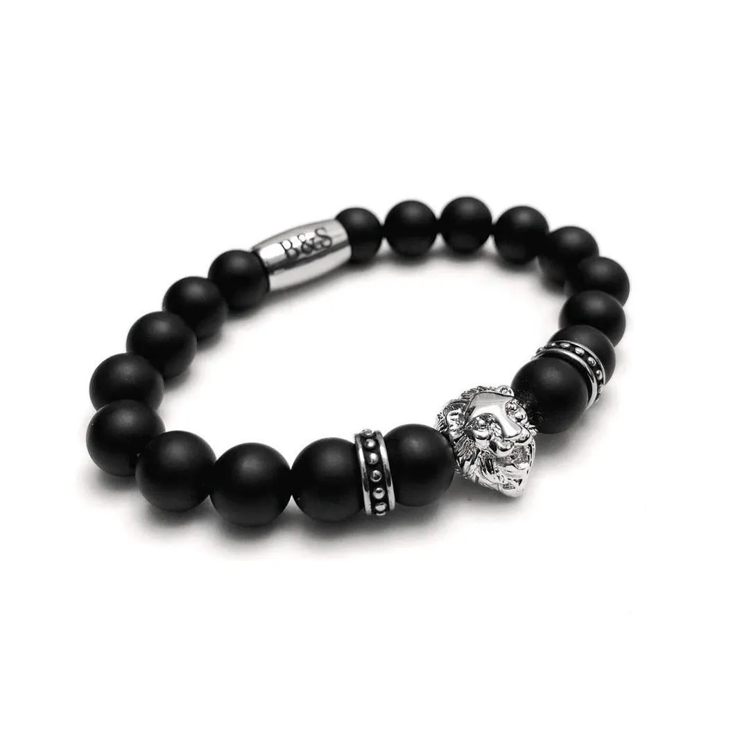 White Gold Lion & Black Stones Bracelet