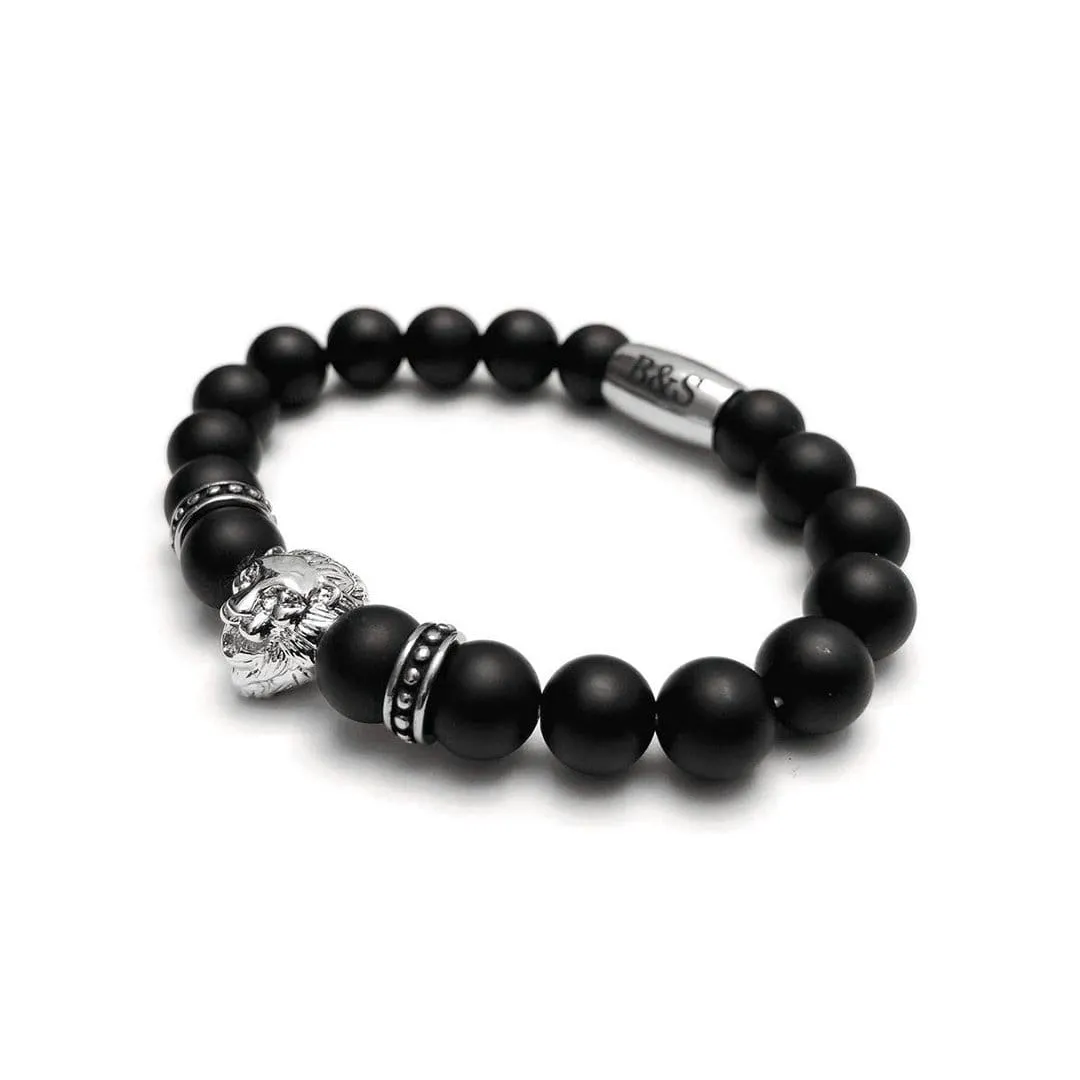 White Gold Lion & Black Stones Bracelet