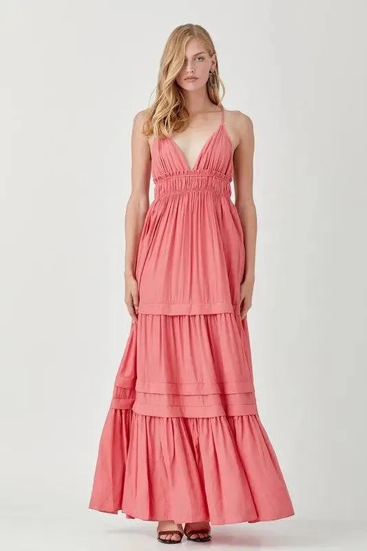 Women's Maxi Dress Deep V-neck Ruffle Folded