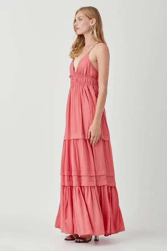 Women's Maxi Dress Deep V-neck Ruffle Folded