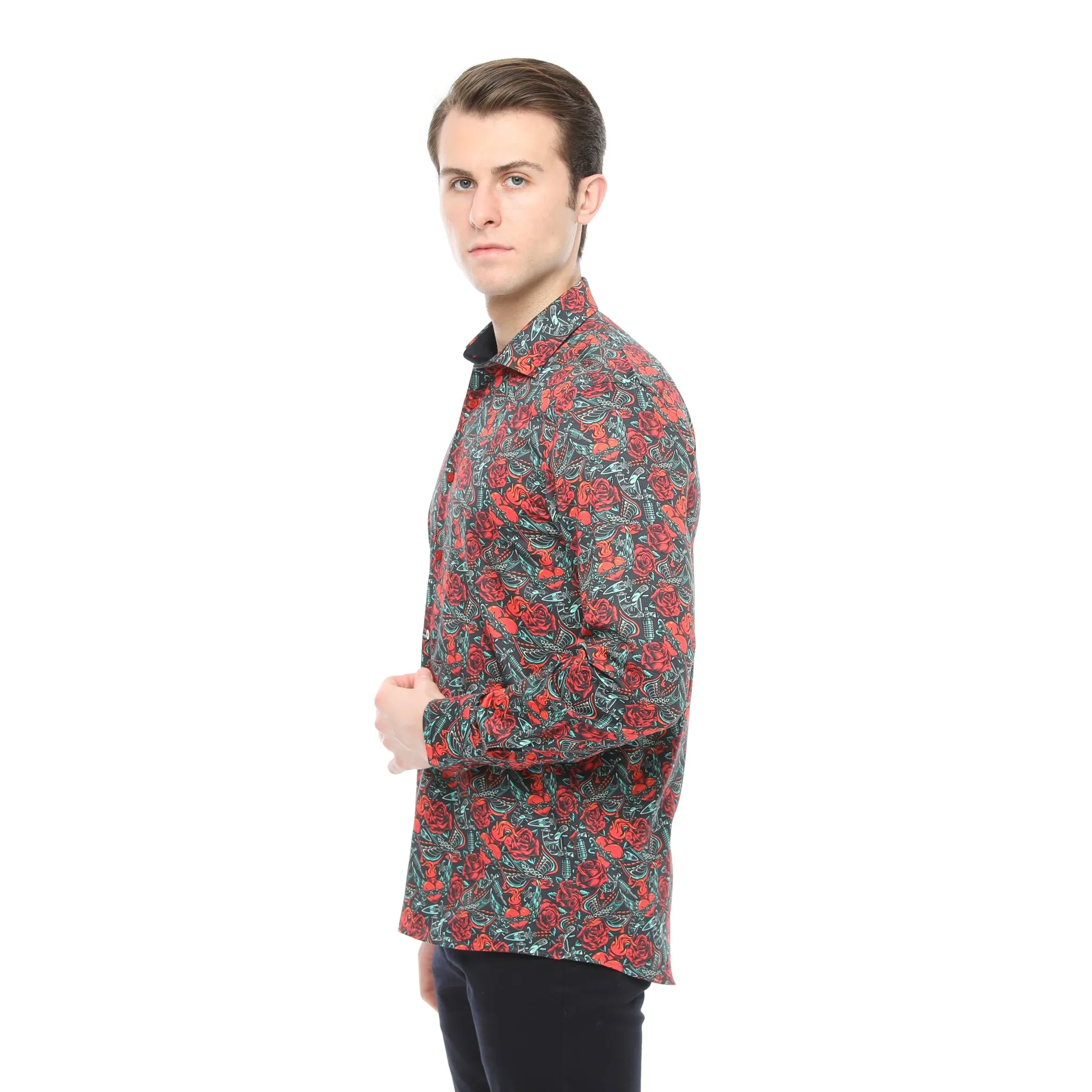 Xact Men's Vintage Tattoo Print Long Sleeved Shirt, Regular Fit